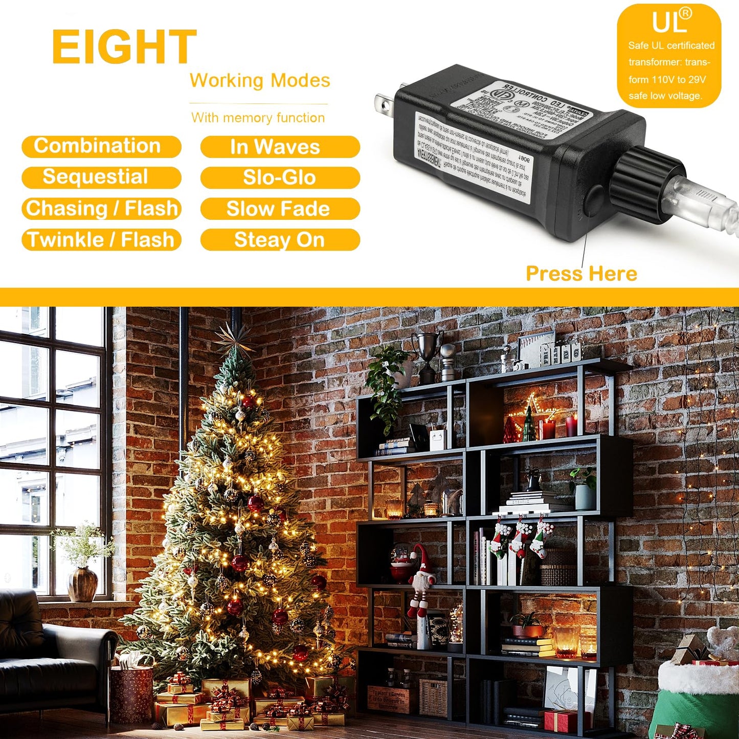 Decute 300LED Christmas String Lights Outdoor Waterproof 105FT UL Certified with End-to-End Plug 8 Modes, Warm White Indoor Starry Fairy Lights for Christmas Tree Patio Garden Wedding Party Decor