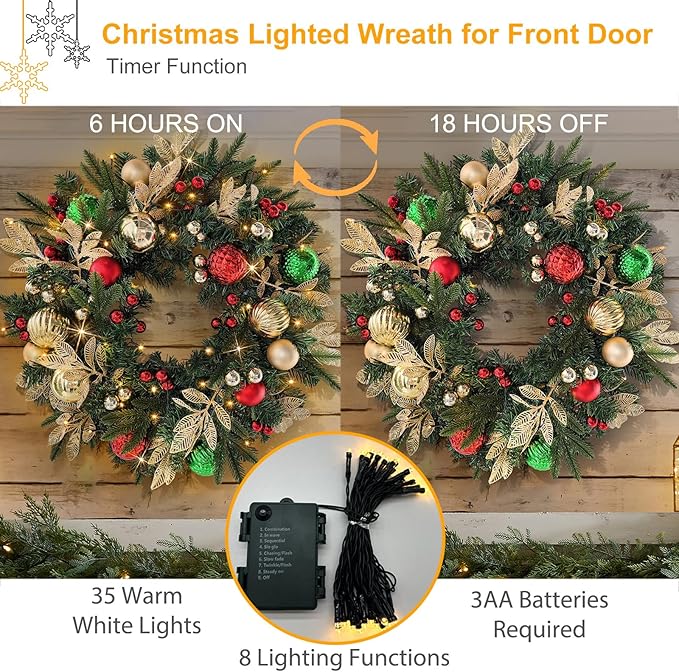 28’’ Pre-Lit Artificial Christmas Wreath Battery Operated 35 LED Lights with Gold, Green, and Red Ornaments, Glittering Gold Leaf Steams for Front Door, Xmas Wreath for Holiday Christmas Decorations