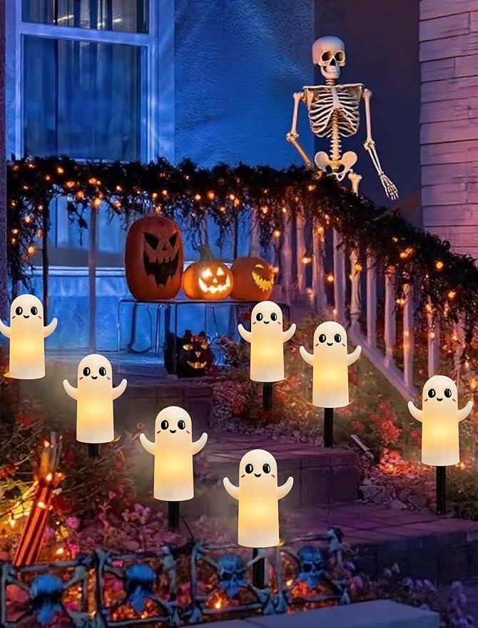 4 Pack Halloween Ghosts Pathway Marker Lights, 7Ft Outdoor Halloween Pathway String Lights with 4 White Ghost Stakes Lights, Extendable Walkway Lights Waterproof for Yard Porch Lawn Sidewalk Garden