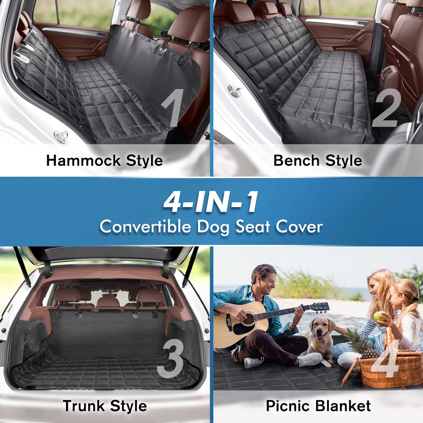 Dog Car Seat Cover 4-in-1, 100% Waterproof Dog Car Hammock, Durable Scratchproof Nonslip Back Bench Cover for Dogs with Seat Anchor, Machine Washable, Universal fits Trucks SUV