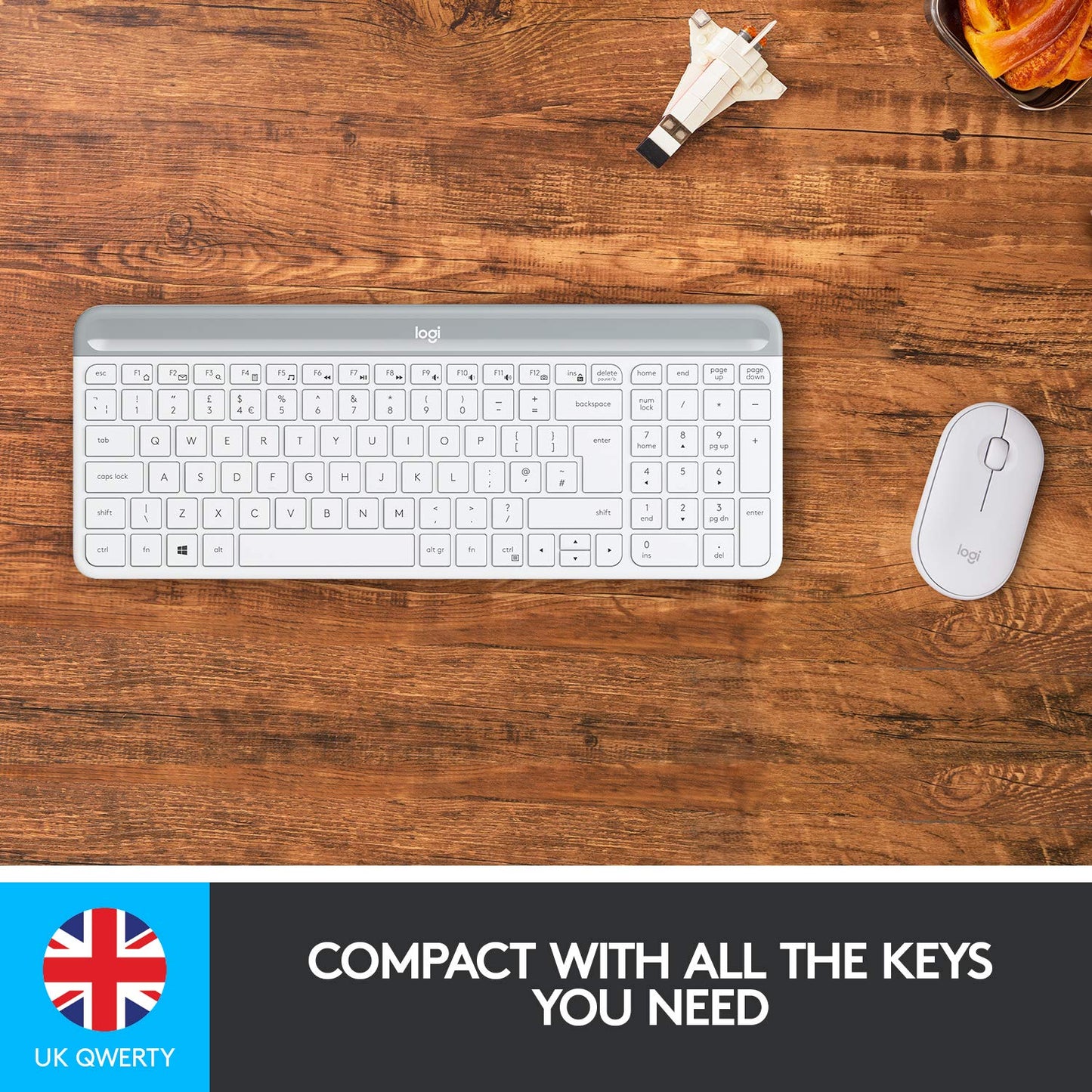 Logitech MK470 Slim Wireless Keyboard & Mouse Combo for Windows, 2.4GHz USB Unifying USB-Receiver, Low Profile, Whisper-Quiet, Long Battery Life, Optical Mouse, PC/Laptop, QWERTY UK Layout - White