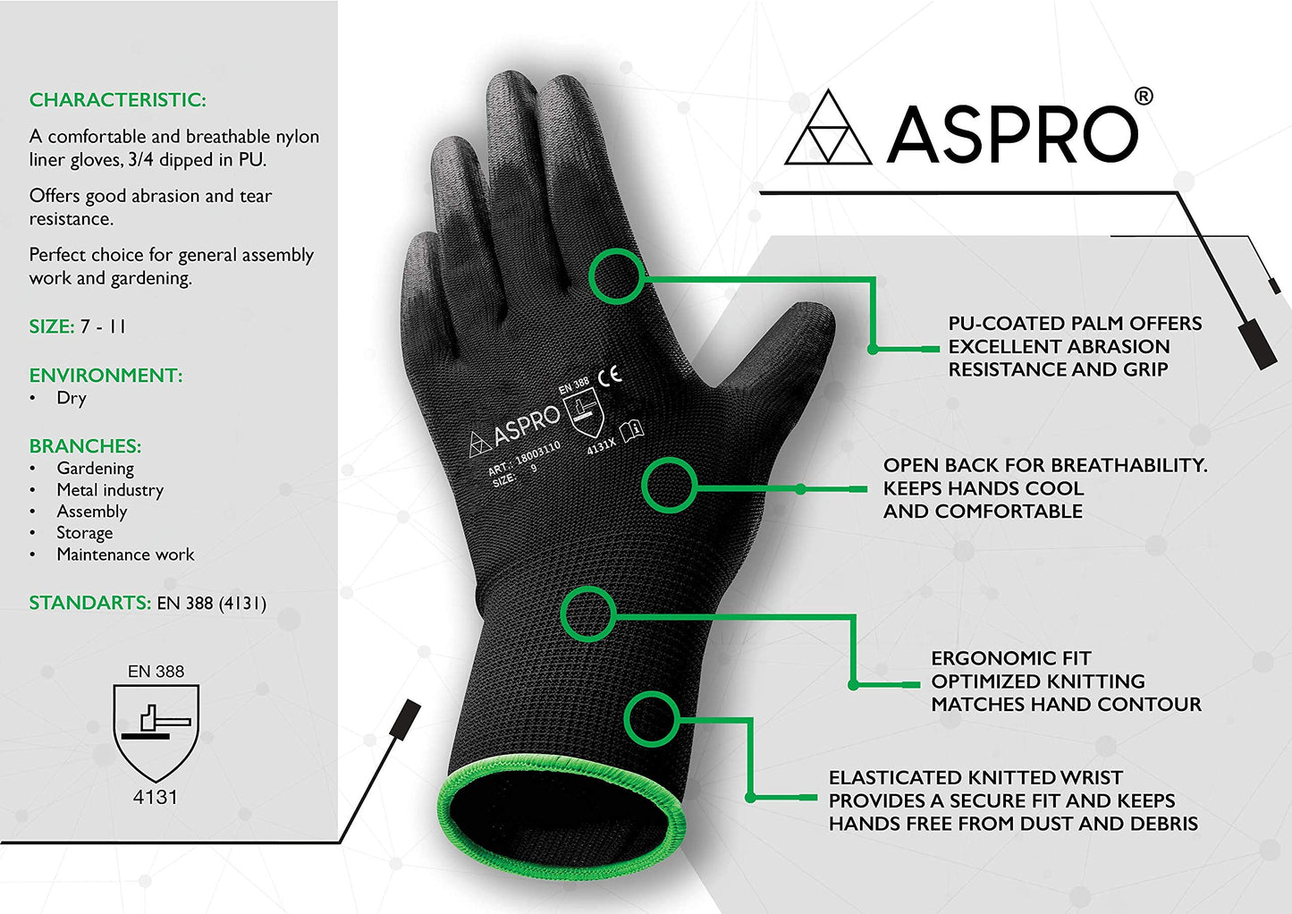 ASPRO 20 Pairs Work and Gardening Gloves - Black Nylon PU Coated Workwear Gloves for Builder, Gardener, Mechanic, Construction, Warehouse etc Size 9 (L)