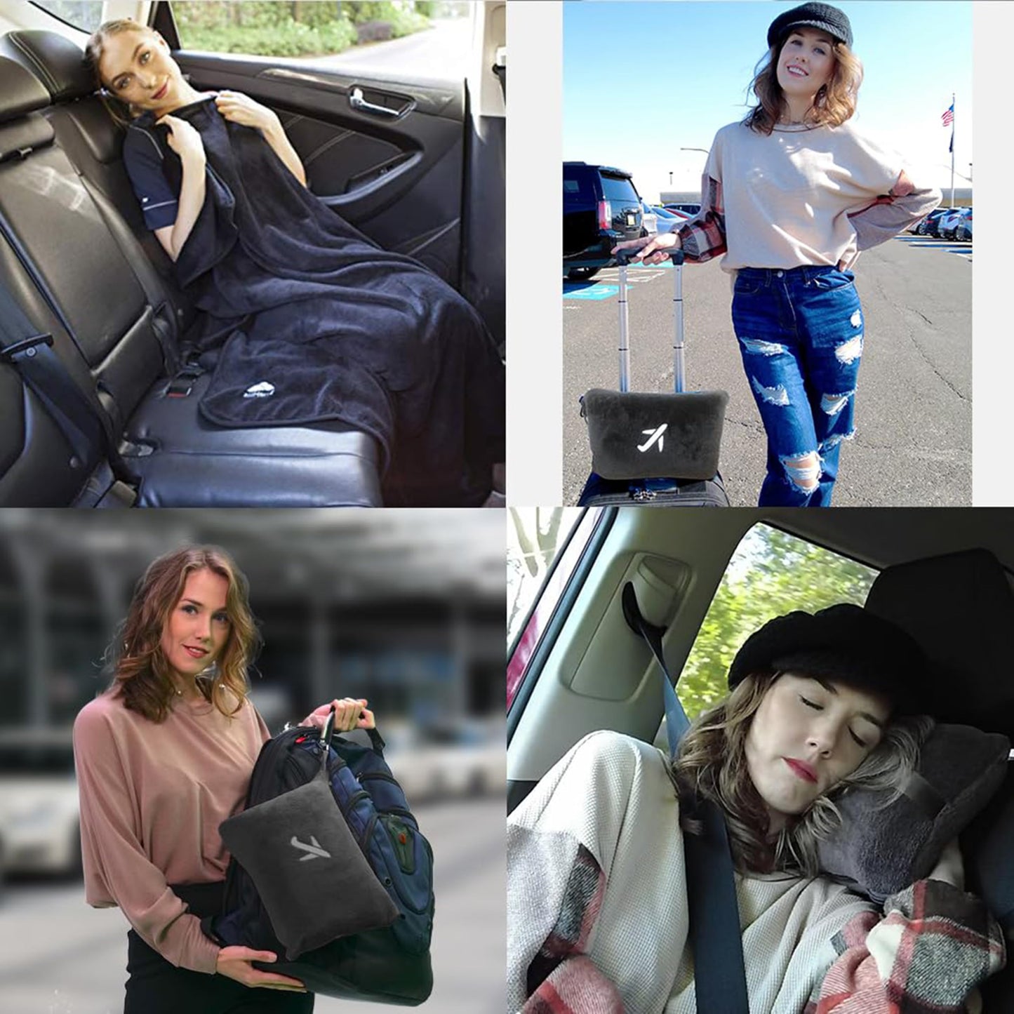 BlueHills Travel Blanket Pillow in Mini Soft Packable Case Premium Plush Airplane Blanket in Portable Compact Pack with Luggage Belt and Carabiner Long Flight Throw Essentials Lightweight- Black M05