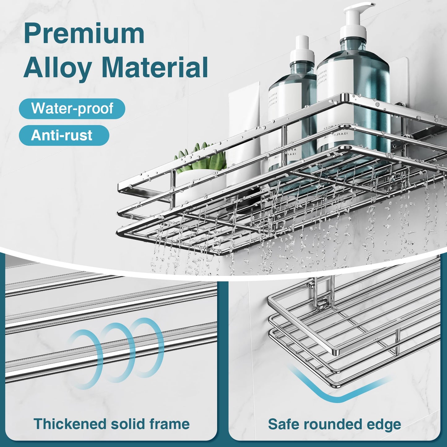 Saffruff Shower Caddy 2Pack No-Drilling Organiser Bathroom Caddy with Adhesive Silver 11.8 x 4.3”