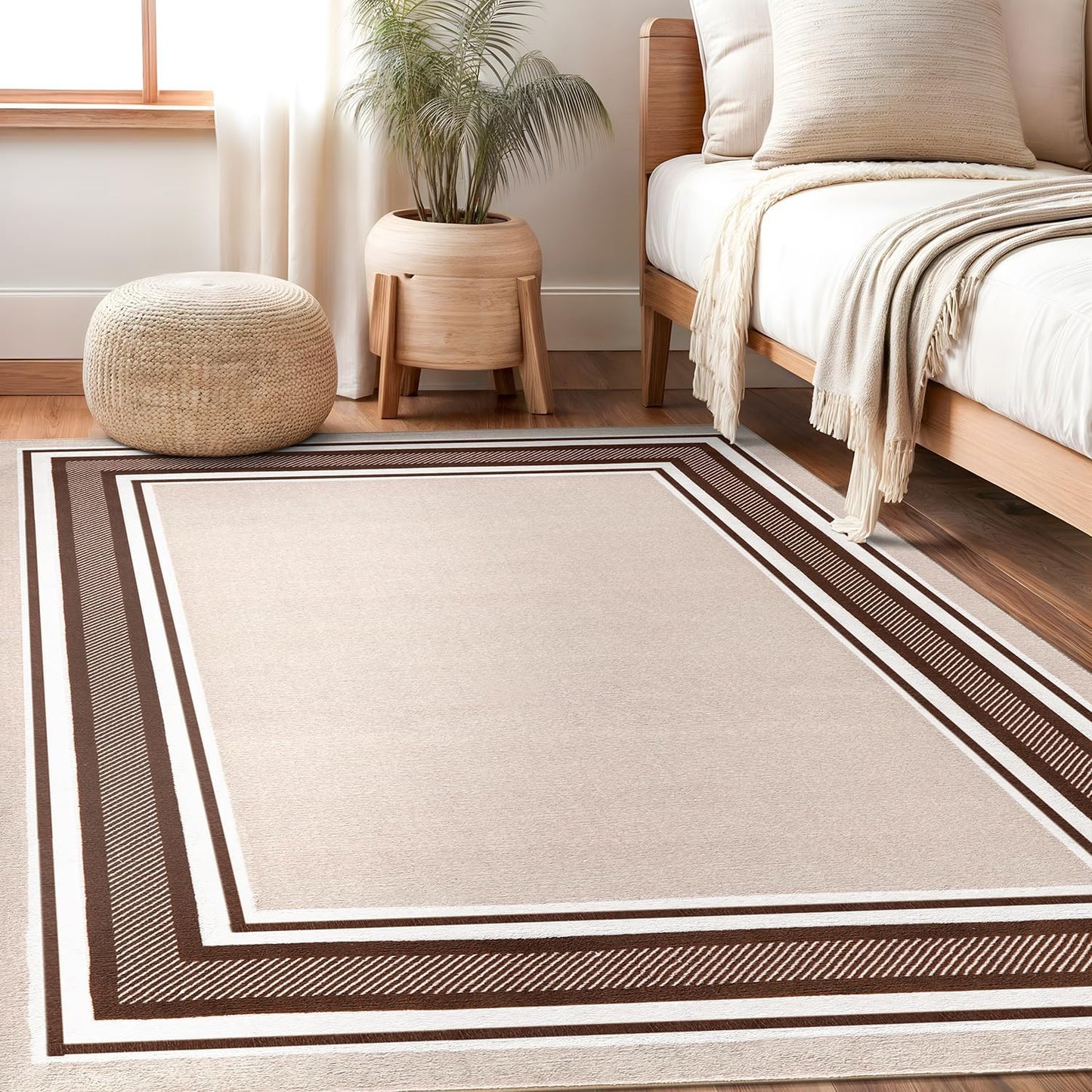 Beverly Rug Non Slip Area Rugs 8x10 Modern Bordered Non Skid Rubber Backing Soft Area Rug for Living Dining Room Easy to Clean Non Shedding Kitchen Bedroom Indoor Carpet 8 x 10 Beige-Brown