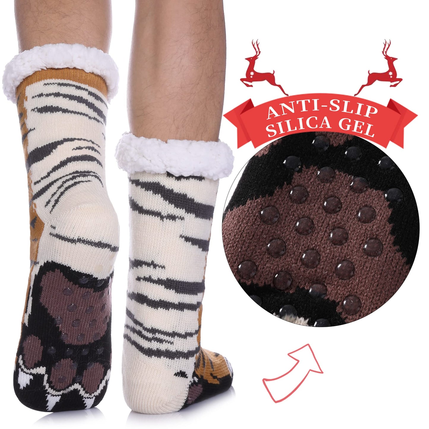 SDBING Mens Slipper Socks with Grippers Winter Warm Cozy Thick Fuzzy Indoor Fluffy Home Socks (Tiger Paw, 6-10)