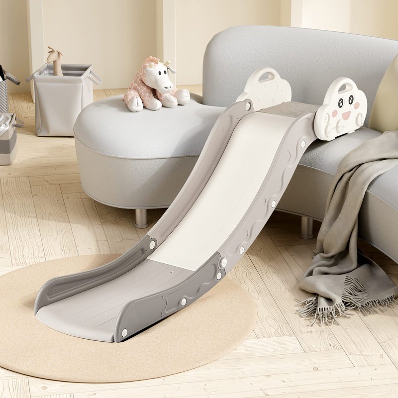 Indoor Kids Baby Couch Slide for Toddler 1-3, Sofa Slide Add-on Attachment for Bed Nugget Playgrounds, with Secure Base Guardrail, Gentle Slope Extended Buffer Zone, Fun Cute Cloud Design, White