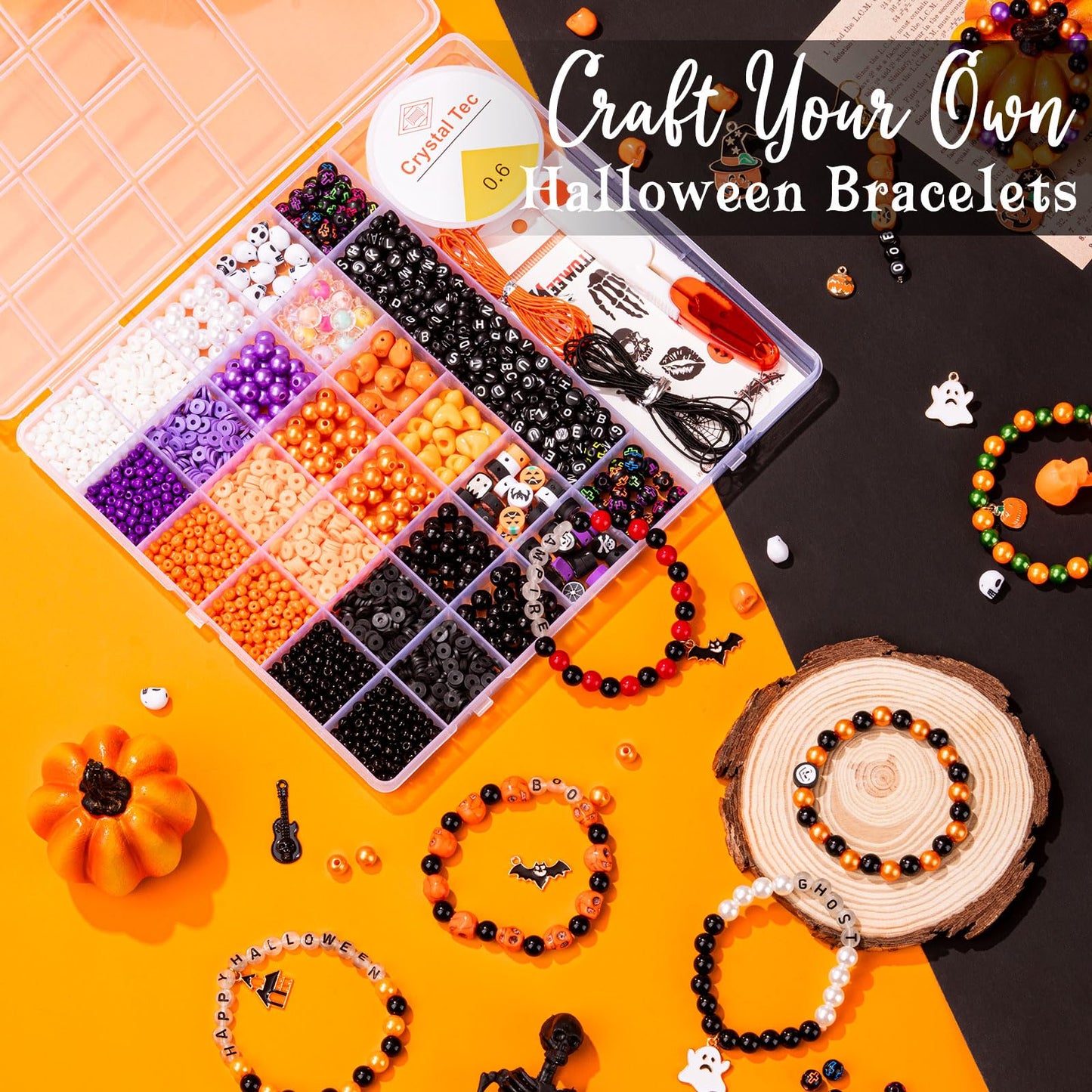 Goldwise Halloween Friendship Bracelet Kit for Kids,1 Box Halloween Beads and Black Letter (A-Z) for Jewelry Making, Varieties of Charms Jewelry Making,DIY Crafts for Gifts Party