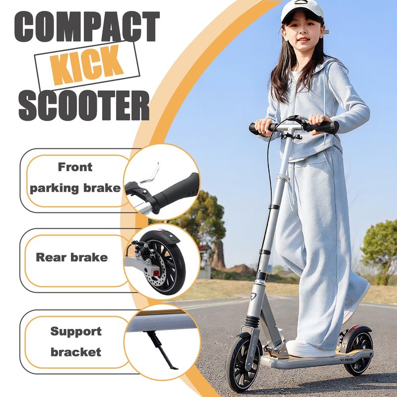 CUIOT Scooter for Kids 8-12, Teens and Adults, Folding Kick Scooter with Adjustable Height, 8IN Big Wheels Scooters W/Anti-Shock Suspension, Up to 300 Lbs, Bearing ABEC9 (Silver)