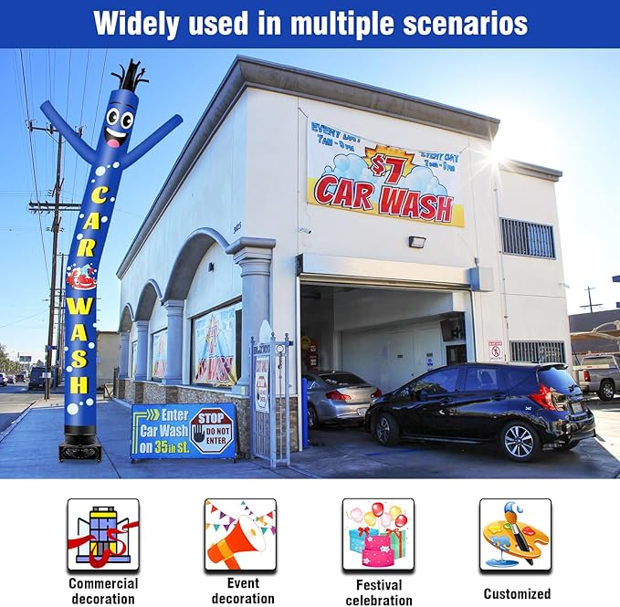 20FT Tall Inflatable Tube Man Car Wash Wacky Wavy Dancing Guy with 1.5 HP Weather-Resistant Blower (18''Diameter) for Outdoor Decoration Advertising Business Promotion