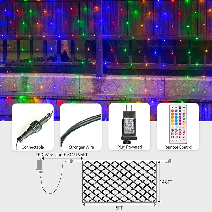 Obrecis Christmas Net Lights Outdoor, 240 LED 35 Color Changing Mesh Lights, 14.8 ft x 5 ft Waterproof Connectable Multicolored Halloween String Lights for Bushes Xmas Tree Garden Party Home Decor