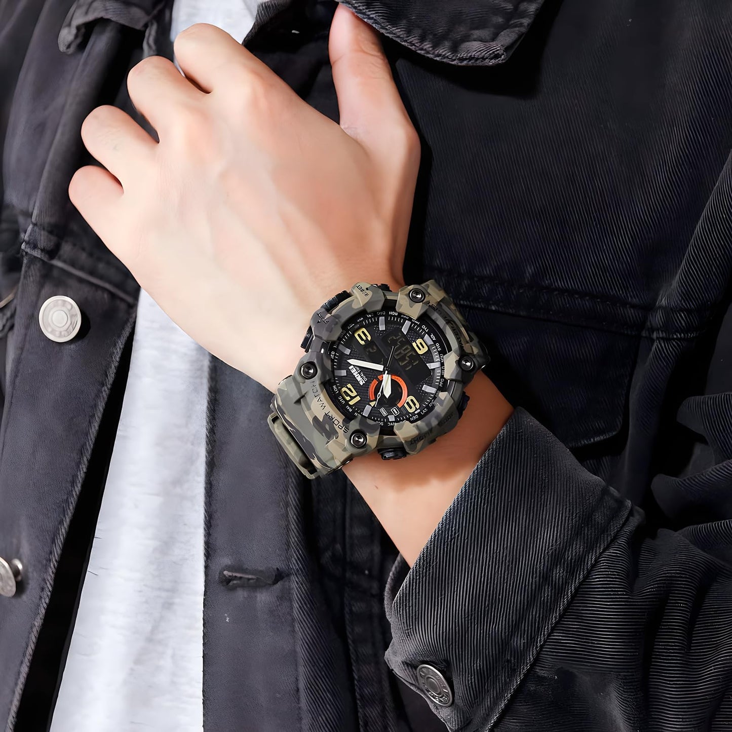 Gosasa Men's Large Face Outdoor Sports Watches Military S-Shock Watch Waterproof, Backlight, Alarm, Stopwatch Features - Rugged Wristwatch for Training, Hiking, and Adventure