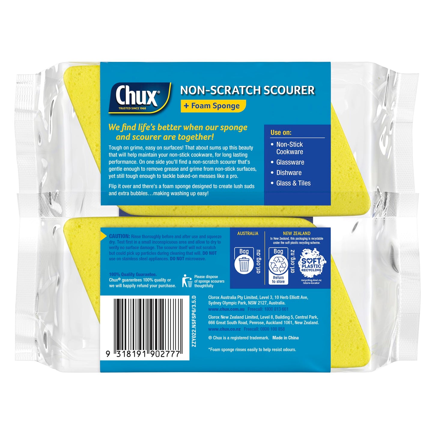 Chux Non Scratch Scourer + Foam Sponge, 6 Angled Scourers Suitable for Delicate Surfaces, 6 Count