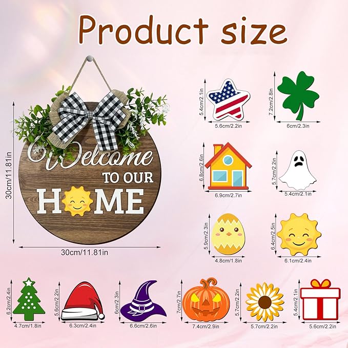 Interchangeable Seasonal Welcome Sign Front Door Decoration, Rustic Round Wood Wreaths Wall Hanging Outdoor Decor for Spring Summer Autumn and Winter All Seasons Holiday Halloween Christmas