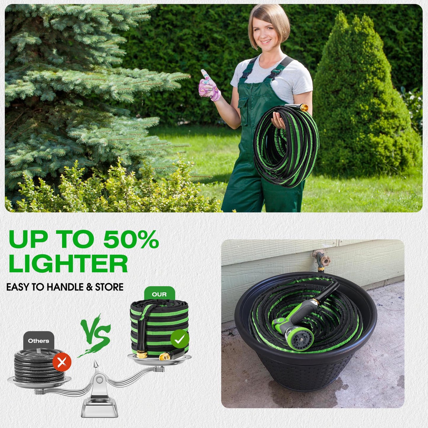HODUP 25 ft Garden Hose - Lightweight, Super Flexible, Non-Expanding, Kink-Free, Ideal for Yard Outdoor Use with Convenient Storage (Black-Green, 25 FT)