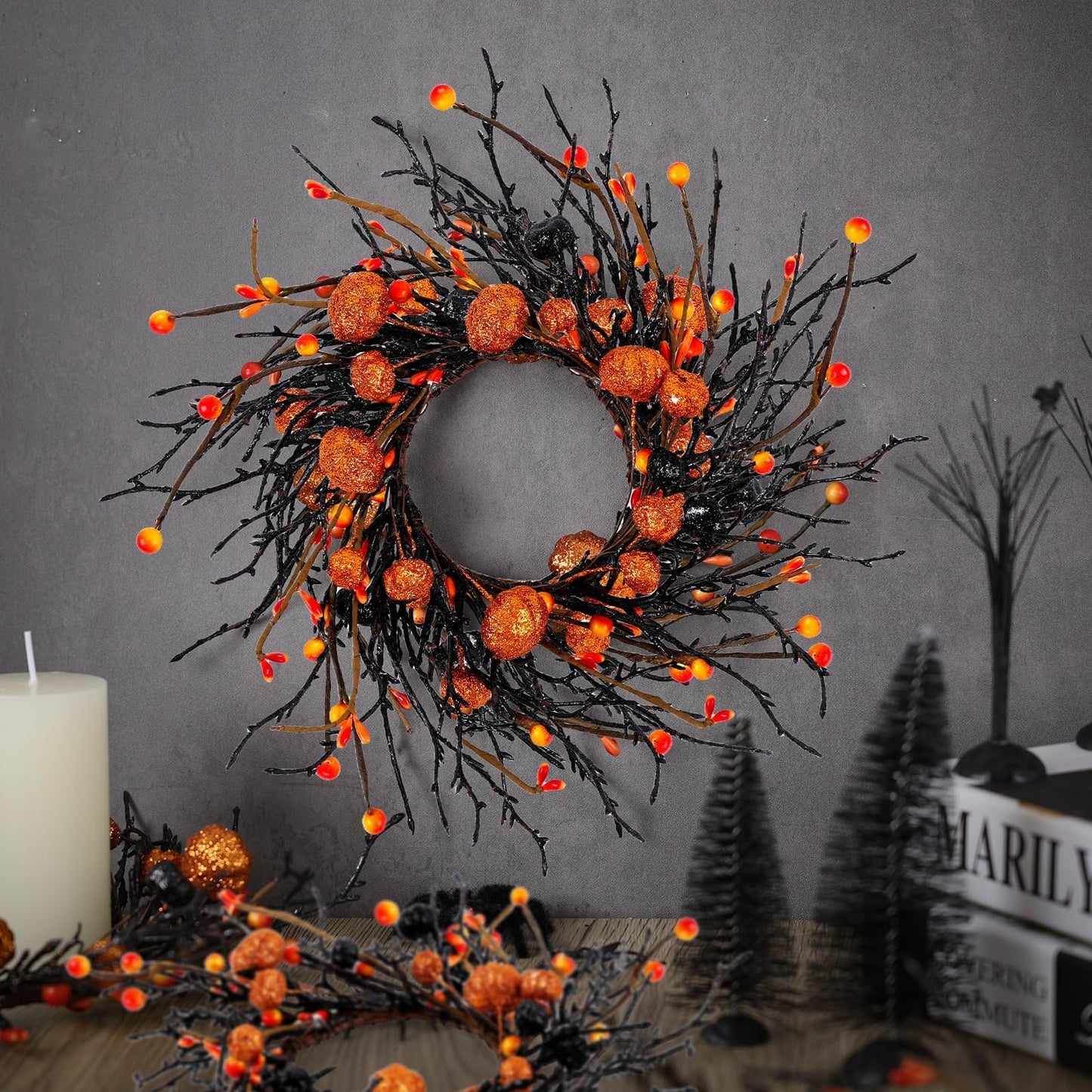 6 PCS Halloween Swags Wreaths Black Berry Cabinet Hanging Decorative Wreaths 3.5 Inch Halloween Candle Rings Berries & Pumpkin Candle Rings for Front Door Home Wall Decor Party Outdoor Indoor Supply