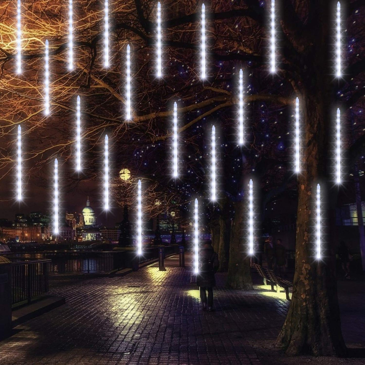 FUNPENY Meteor Shower Rain Lights, 288 LED Icicle Snow Falling Christmas Lights, Xmas Tree Holiday Decoration, White