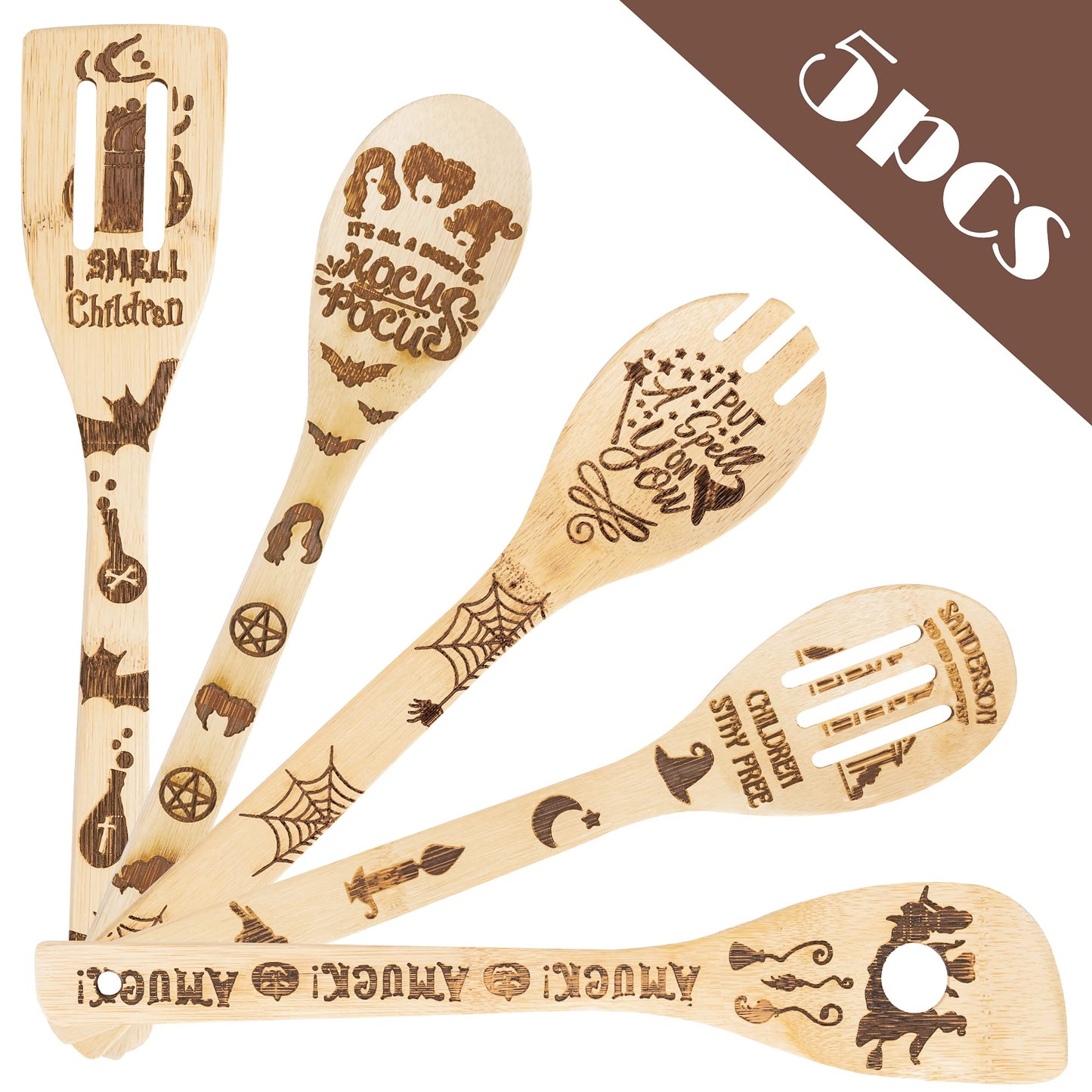 Eartim Hocus Pocus Wooden Cooking Utensil Set - 5Pcs Halloween Kitchen Cooking Gadget Natural Carve Bamboo Spoon Slotted Spatula Non-Stick Cookware Utensil Birthday Housewarming Gift Halloween Supply