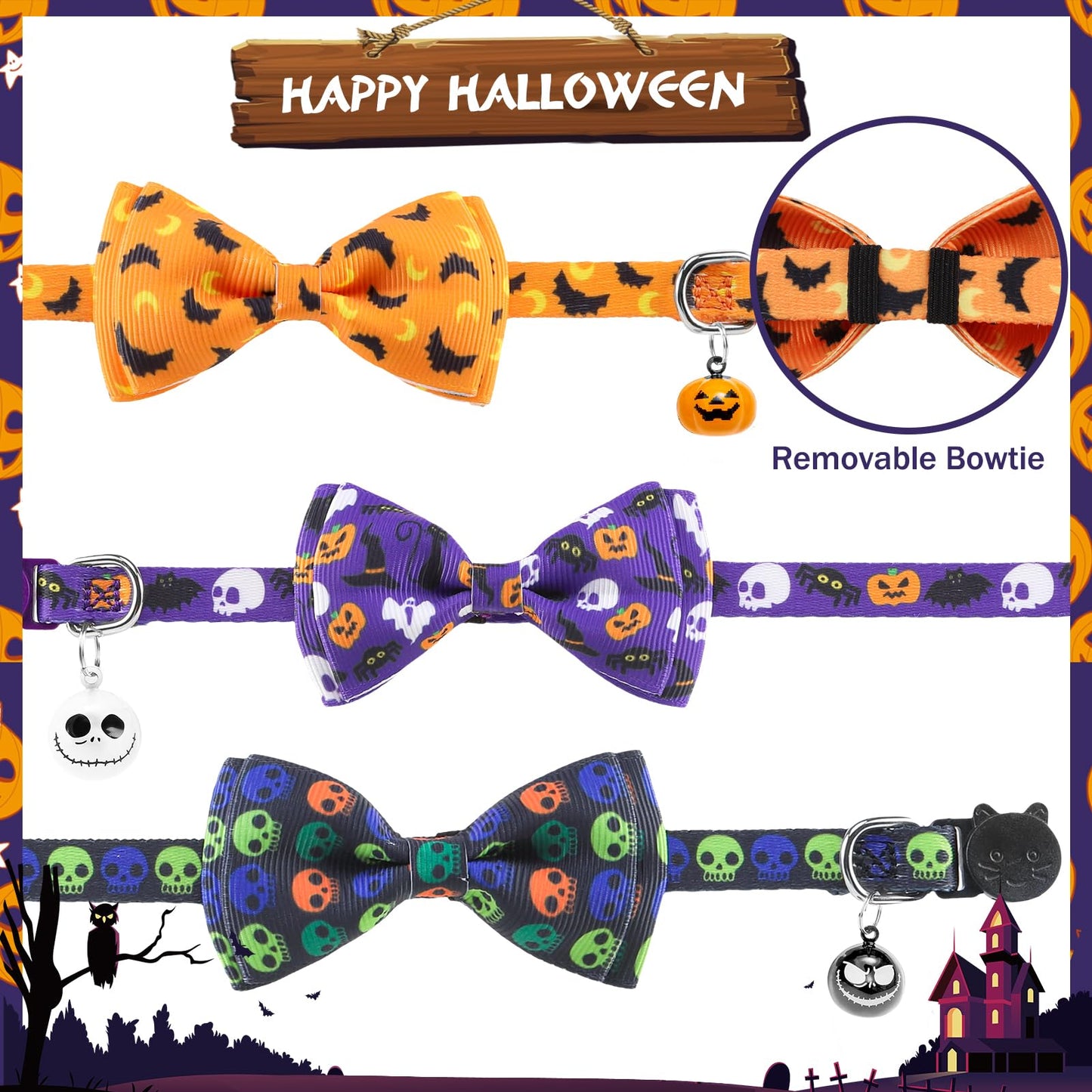PUPTECK Halloween Bow Tie Cat Collar with Bell - Breakaway Safety 3-Pack, Adjustable Bowtie Kitten Collars for Boy & Girl Cats, Puppies, Bunnies and Small Pets, Cute Costume Accessory