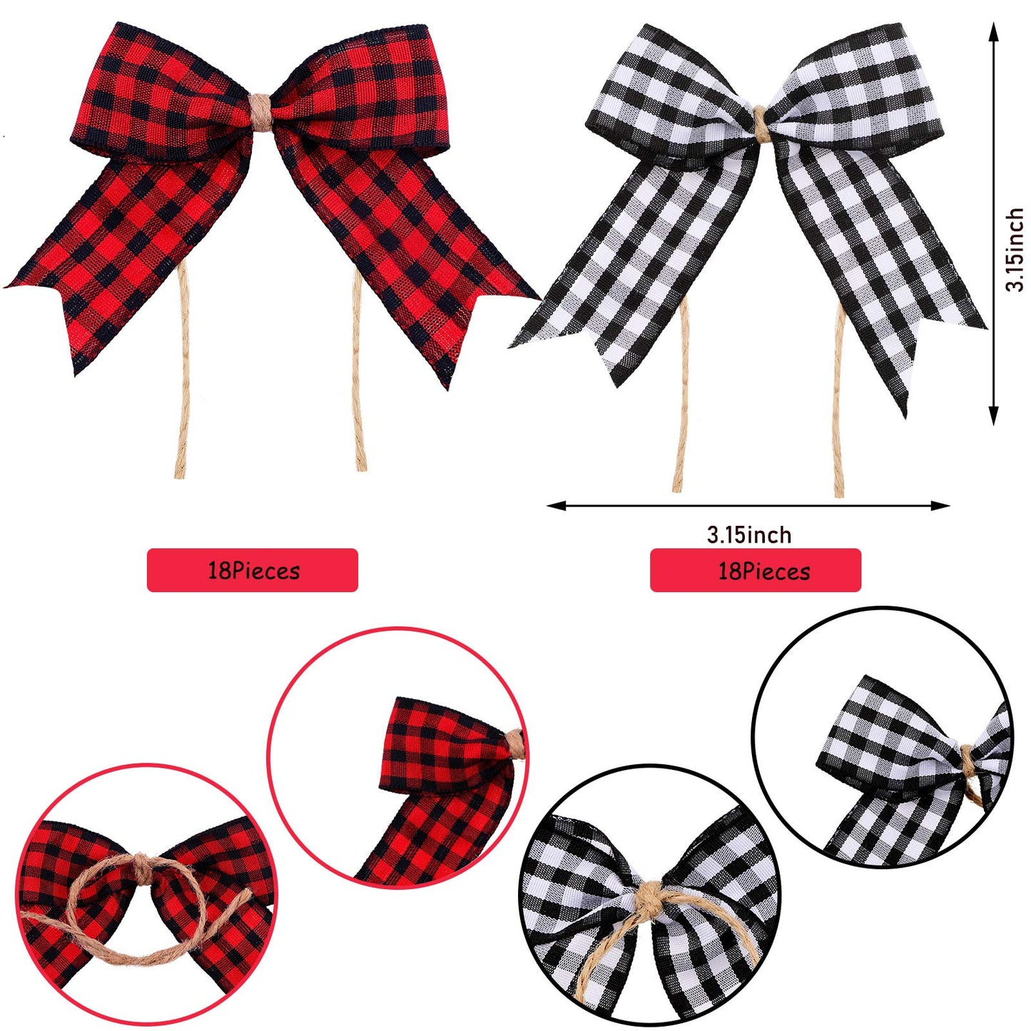 WILLBOND 36 Pieces Christmas Buffalo Plaid Bows Small Bows Christmas Tree Ornaments Checkered for Wreaths Decoration(Red and Black)