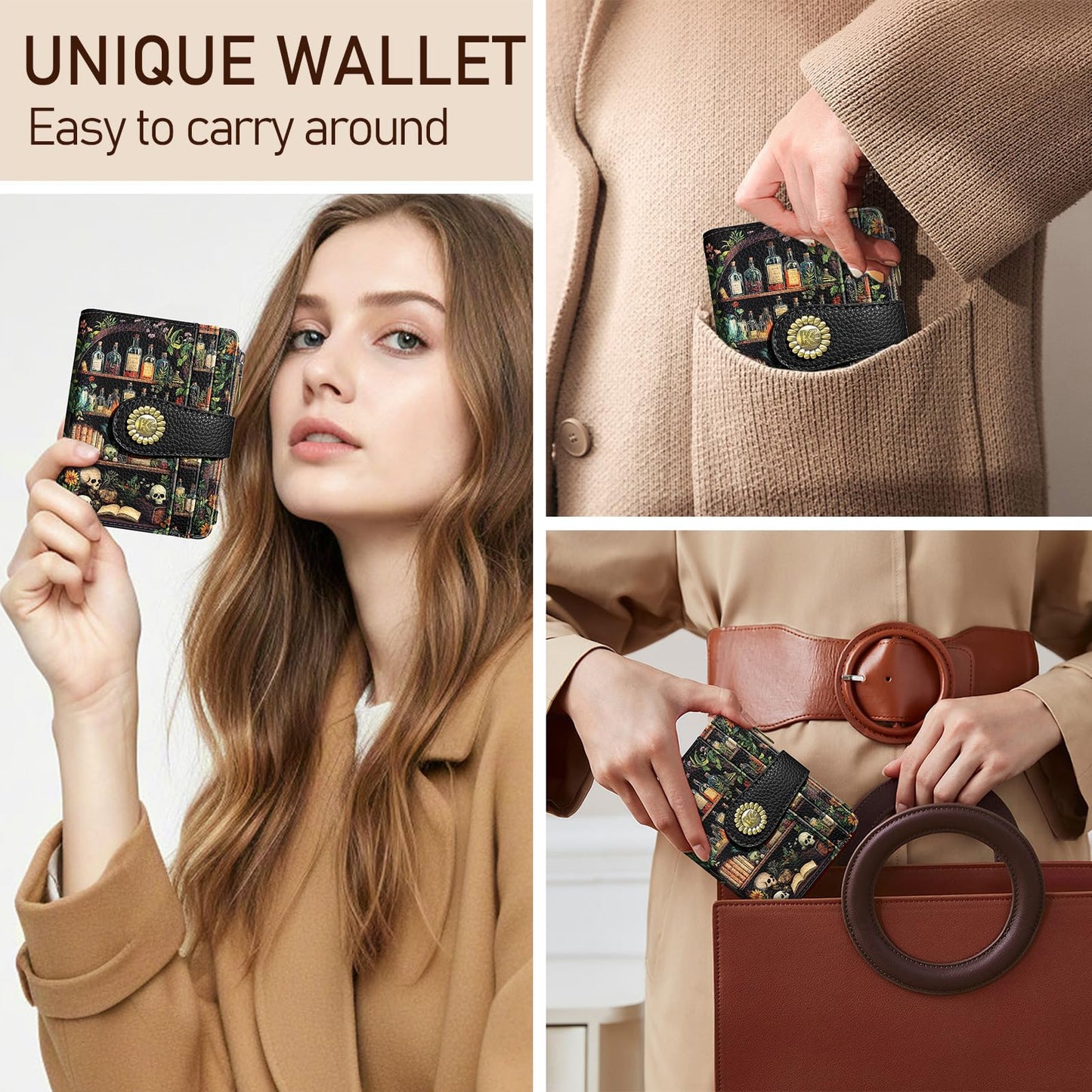 Kelvoris Bookshelves Skull Goth Gothic Small Rfid Women Wallet Bifold Zipper Coin Pocket PU Leather Compact Cash Credit Card Holder Travel Wallet Female Ladies Teen Girls 1 ID Window 10 Card Slots