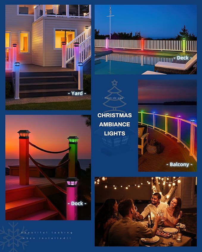 RGB Solar Post Lights with 5 Lighting Modes, Deck Lights Solar Powered for Yard, 4x4 Wood Fence Post Cap, IP65 Waterproof (8 Pack)