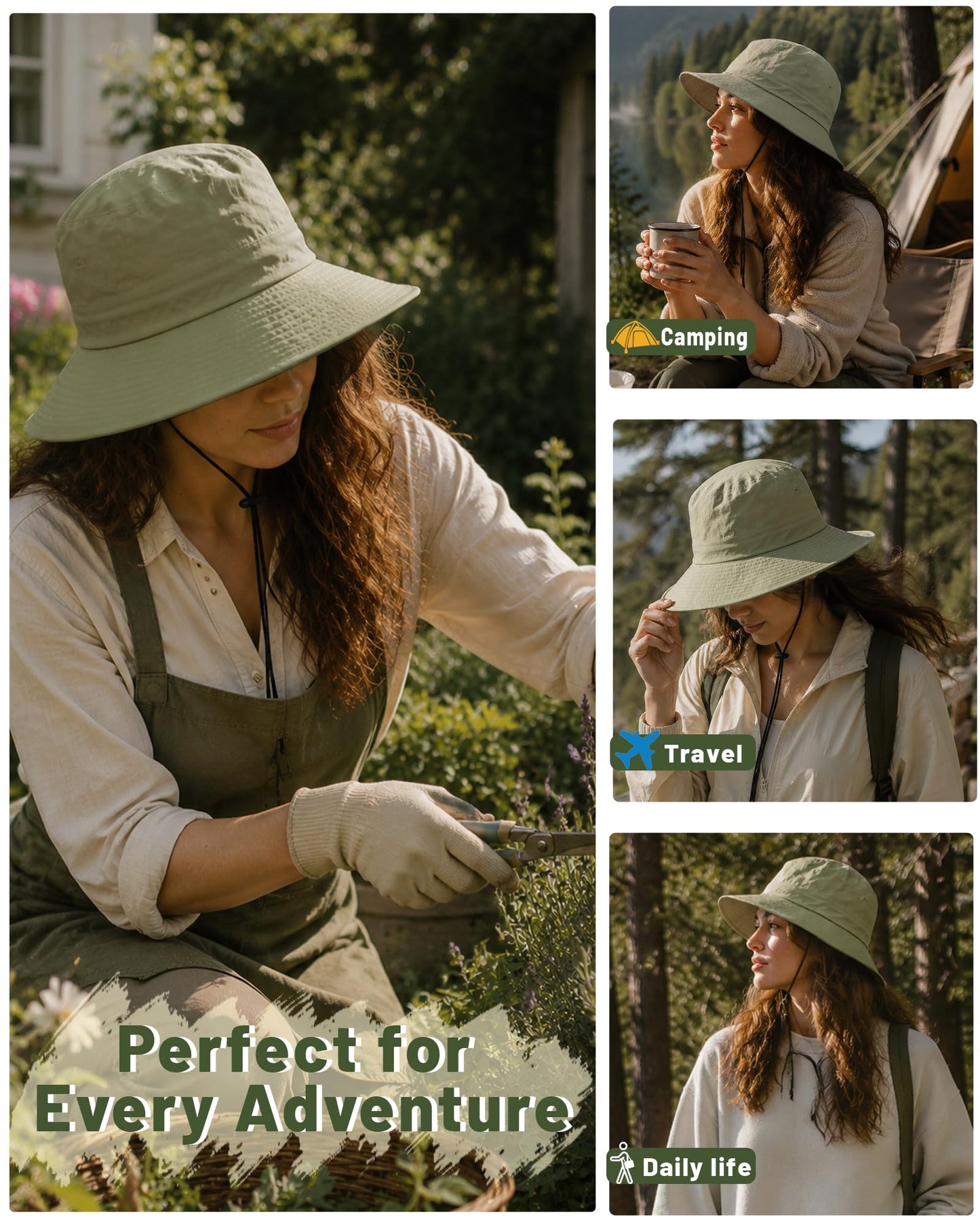 Water-Resistant Bucket Hat for Women Men Rain Hat UPF 50+ Boonie Sun Hat Foldable Summer Floppy Fishing Safari Hats Light Green