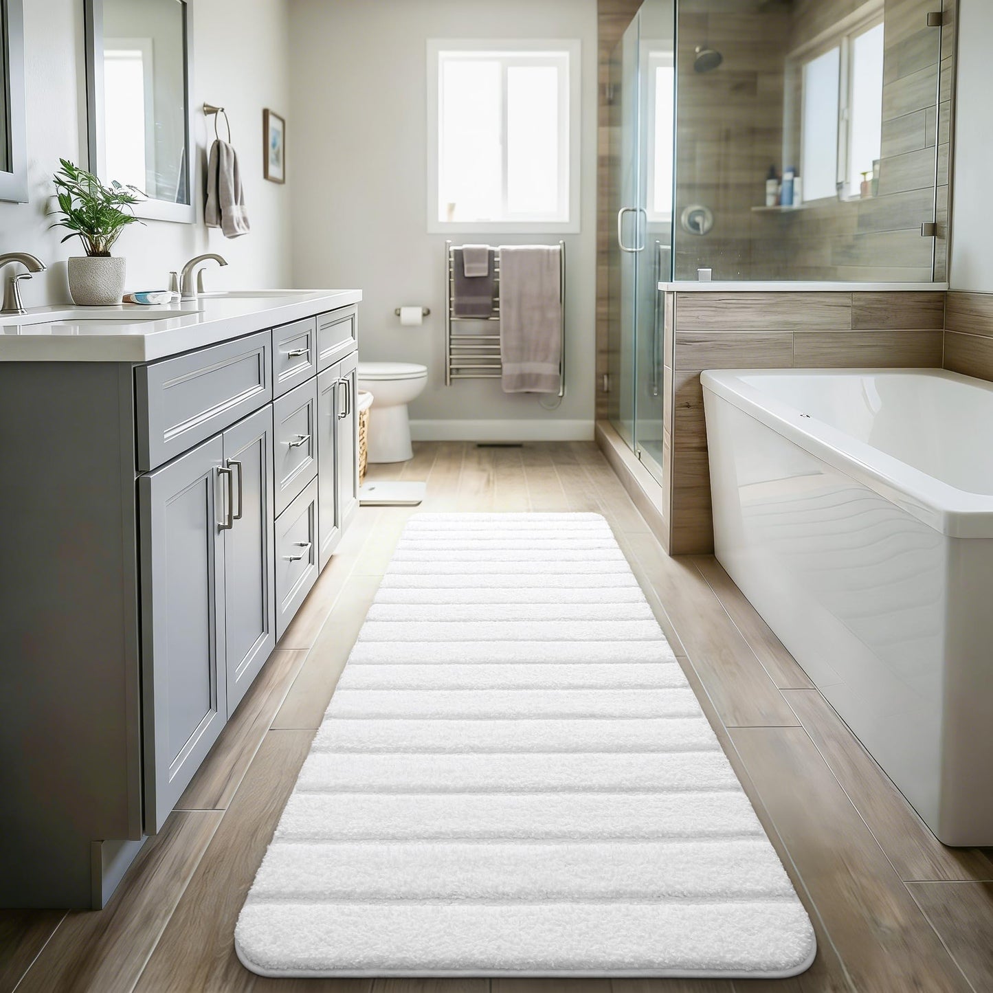 LOCHAS Long Bathroom Rugs Runner, 24" x 70" Large Bath Rug Non Slip Washable, Absorbent Microfiber Bath Mat Luxury Soft, Cozy Bathroom Runner Rug for Shower Quick Dry, White