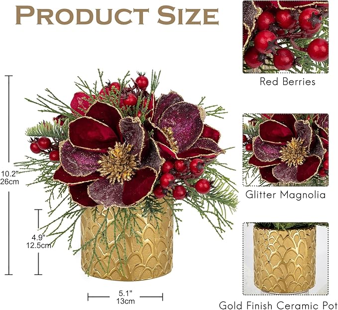 12 inch Red Christmas Table Centerpiece 5" Glitter Magnolia Flower and Red Berries Fir Greenery Artificial Christmas Floral Centerpiece in Golden Ceramic Pot Christmas Tabletop Arrangement Decor