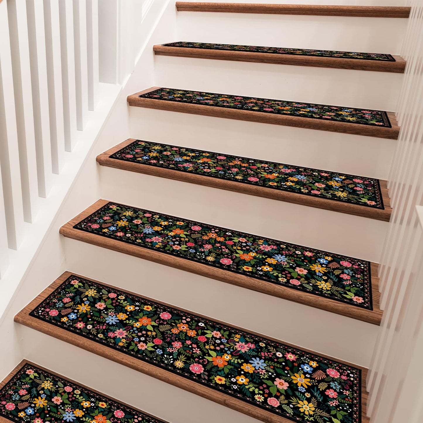 InIsaJace Floral Stair Treads for Wooden Steps, 15 Pack Black Stair Runners Non Slip Indoor 8" X 30", Washable Carpet Rugs with Silicone Backing for Kids Elders and Dogs