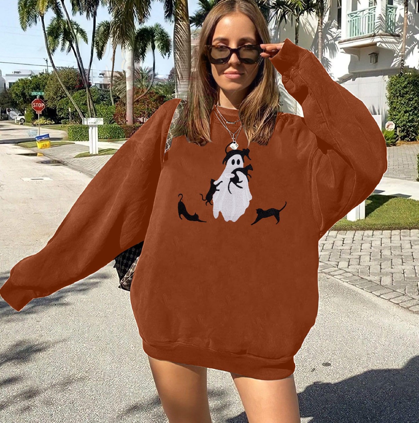 LUKYCILD Halloween Spooky Season Sweatshirt Women: Oversized Black Cat Ghost Sweatshirts Fall Embroidered Pullover Top