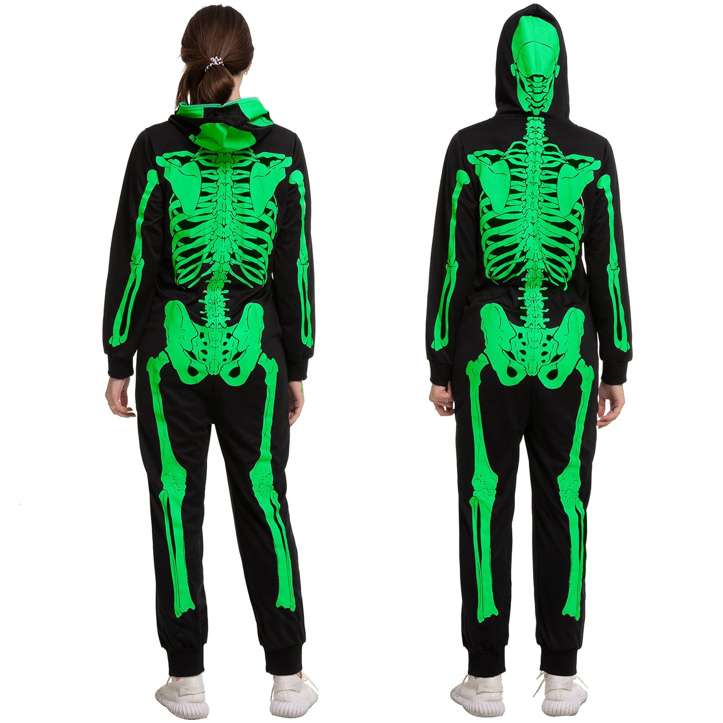 Spooktacular Creations Skeleton Costume Adult Women, Glow in the Dark Costume, Plush Skeleton Pajama Zippered Hoodie for Halloween Dress Up Parties-M