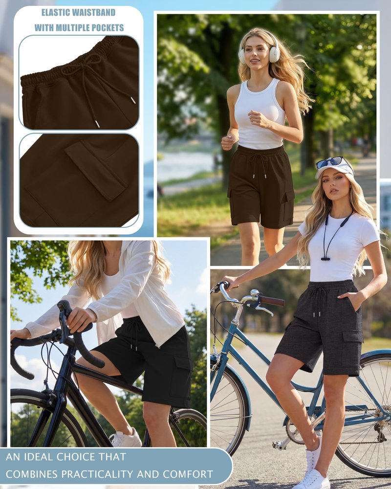 Neer 3 Pack Women's Bermuda Shorts Cargo Knee Length Drawstring Long Shorts Casual Yoga Soccer SweatShorts with 4 Pockets(Black, Dark Gray, Brown,Medium)