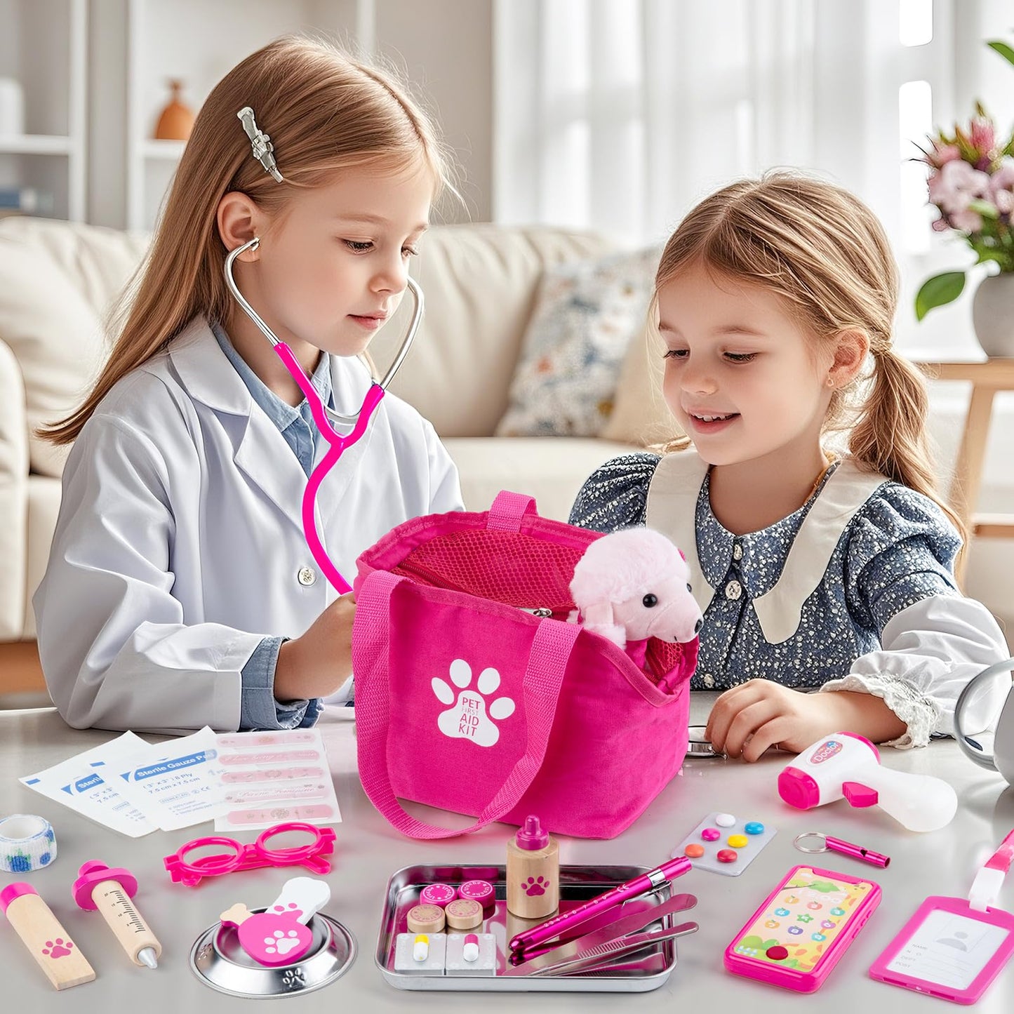 EFO SHM Doctors Set for Kids, Kids Pet Vet Care Playset with Real Stethoscope, Doctor Costume, Plush Dog and Syringe, Role Play Medical Toys for Girls Boys 3+ Year Old