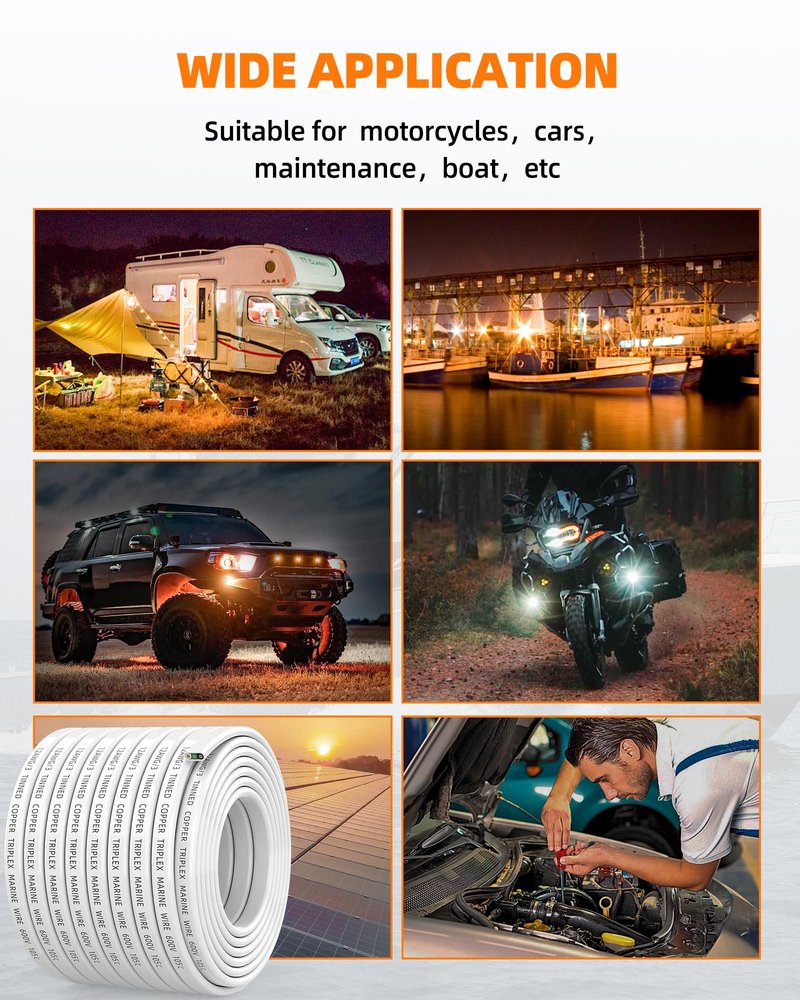 CONEPY 12 Gauge Marine Wire, 12/3 Triplex Marine Grade Cable, IP68 Waterproof/Oxygen-Free Tinned Copper Stranded PVC 12 AWG Wire for Boat, Automotive, RV, Solar, LED Strips (50FT)