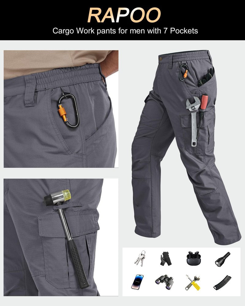 Rapoo Work Pants for Men Cargo Hiking Tactical Army Casual Pants for Men with Multi Pockets Water Resistant Mens Ripstop Construction Carpenter Pants Grey 32Wx32L