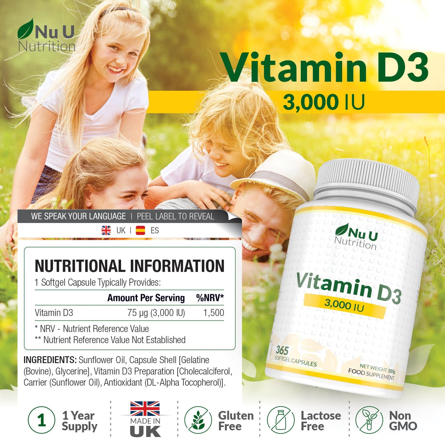 Vitamin D 3000IU - 365 Softgel Capsules - 1 Year Supply - Triple Strength Vitamin D3 Supplement - High Absorption Cholecalciferol - Gluten & Dairy Free by Nu U Nutrition