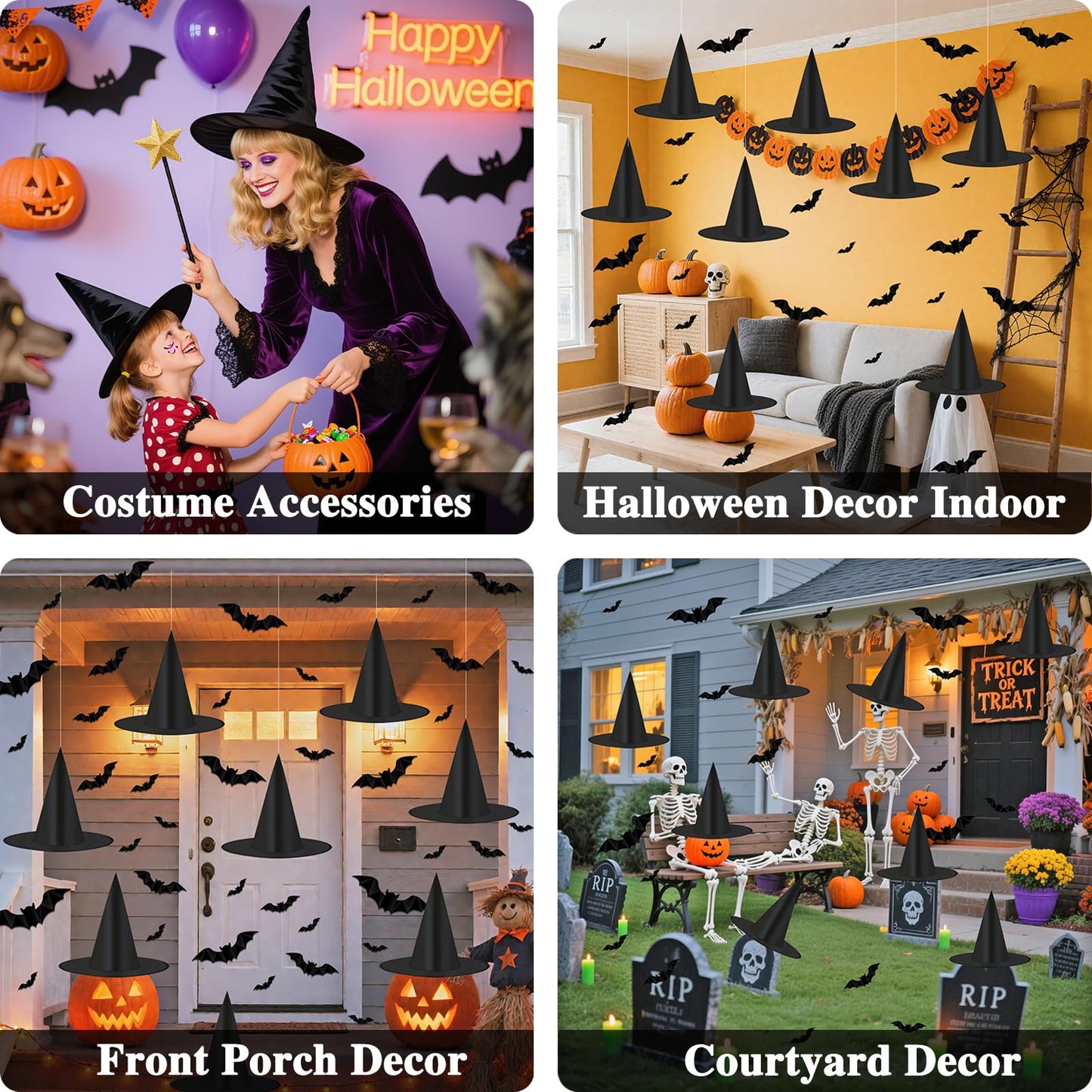 Tepoobea Halloween Decorations Black Witch Hats, 8 Pack Hanging Witches Hats & 32Pcs 3D Bats Halloween Decorations Outdoor Indoor