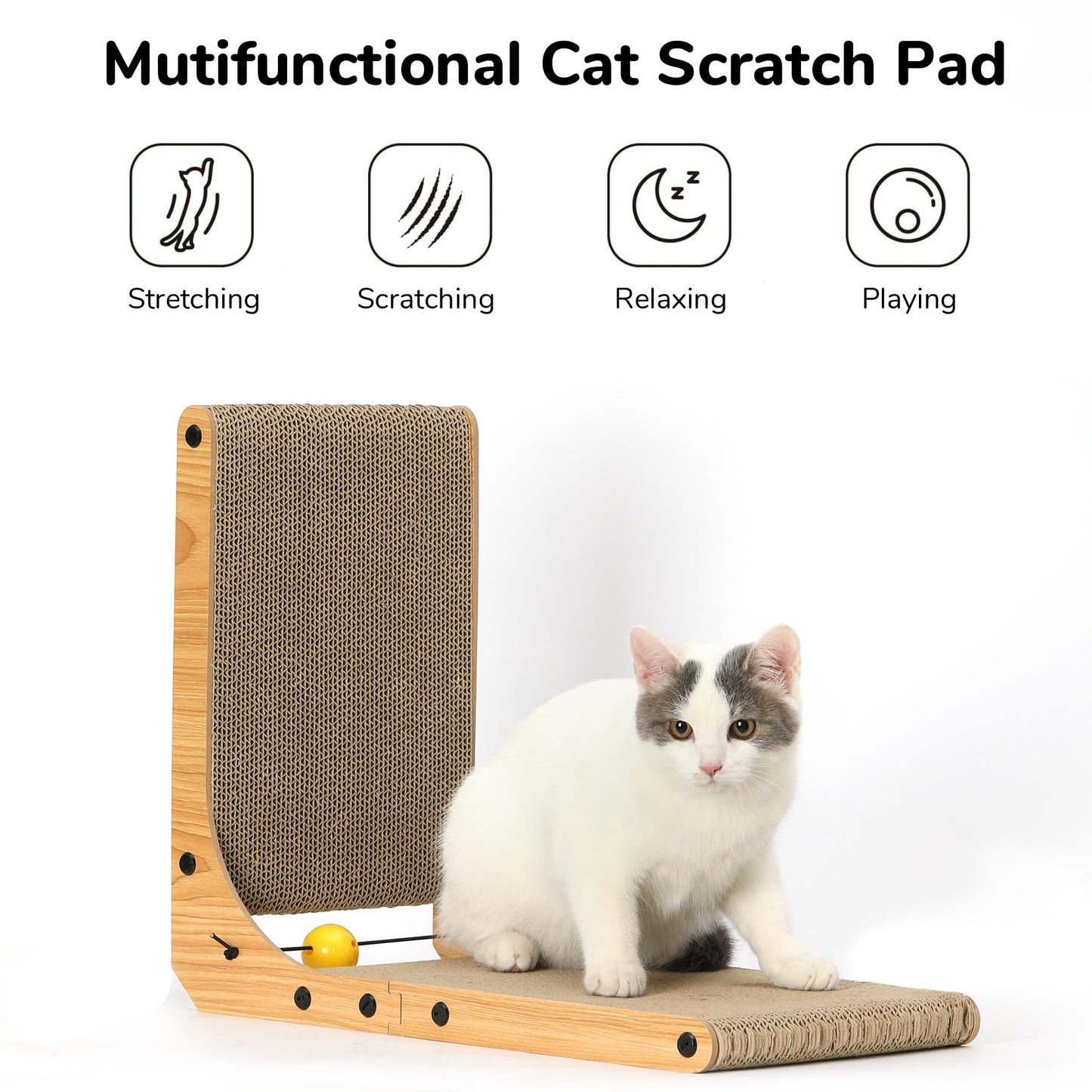 FUKUMARU Cat Scratcher, 18.9 Inch L Shape Cat Scratch Pad, Vertical Cat Scratcher Wall Mounted, Cat Scratching Cardboard with Ball Toy for Indoor Cats