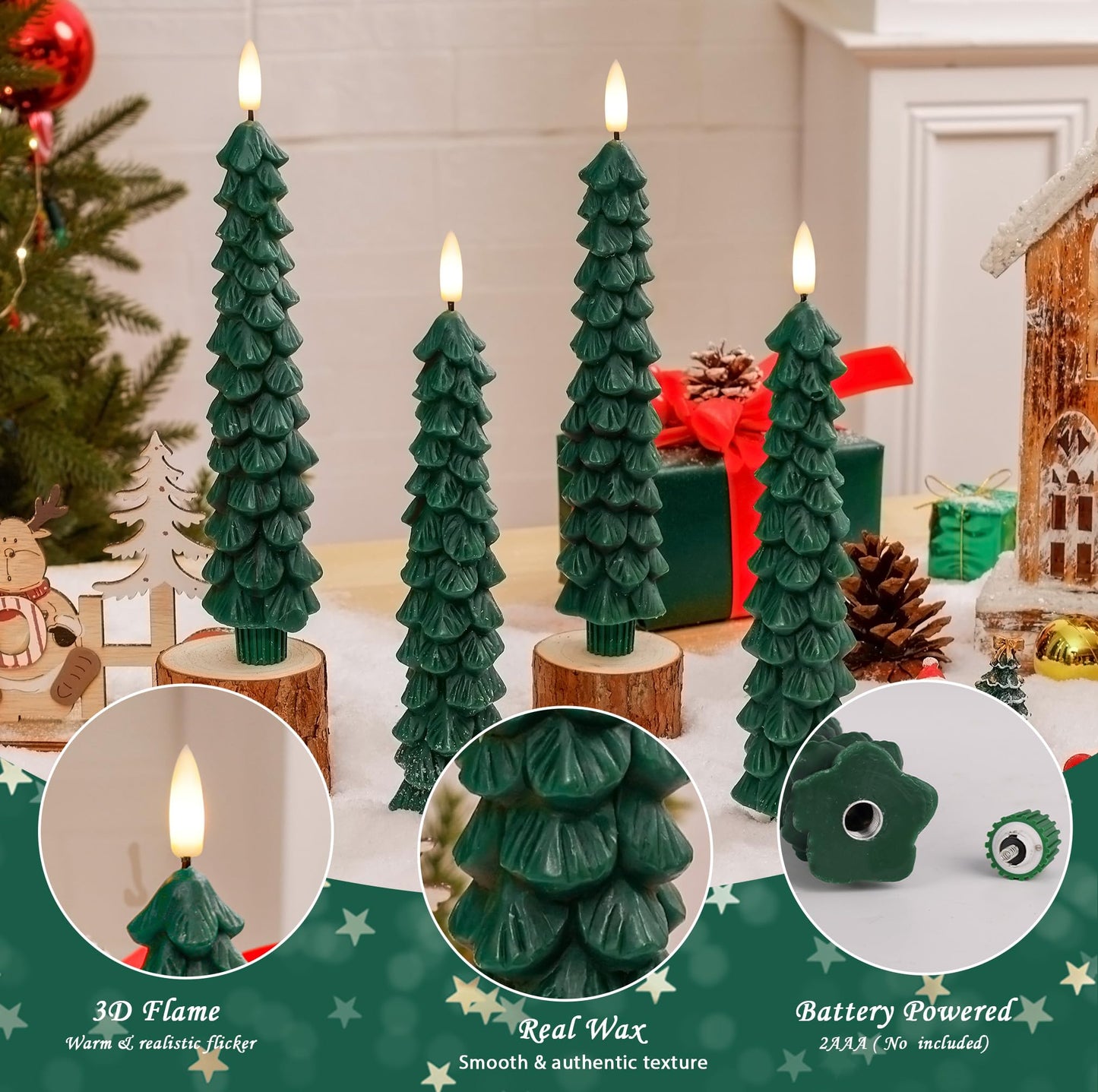 Christmas Tree Candles with Remote, 4 Pack Green Flameless Taper Candles Battery Operated, Real Wax 9.6 Inch Flickering Led Christmas Tree Candlesticks Decorations for Winter Home Holiday Xmas Gift