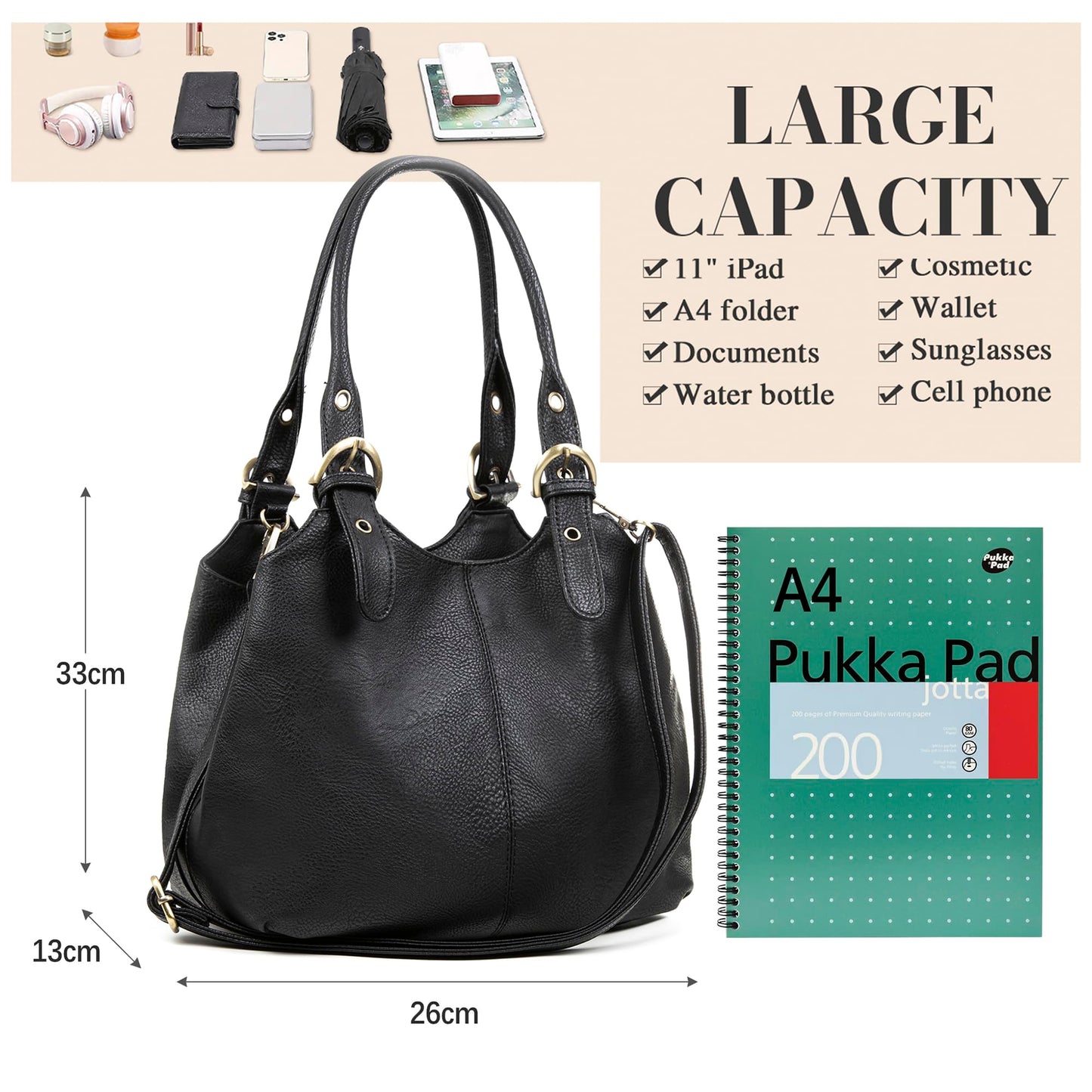 AOSSTA Women's Tote Bag Multi Pockets Soft Leather Hobo Shoulder Bags With Long Strap Ladies Handbags Large Crossbody Bags (Black)