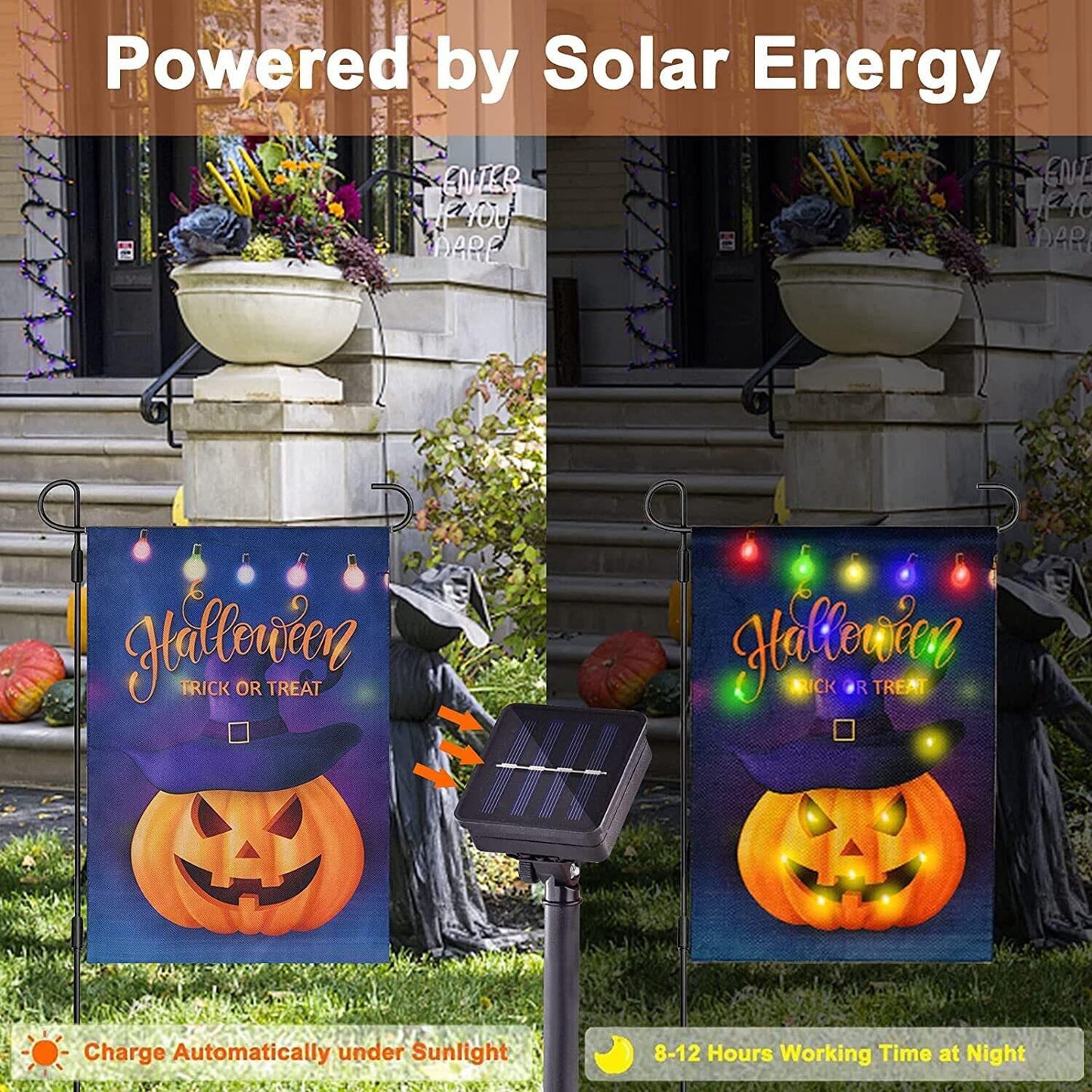 JUSHEN Halloween LED Lighted Garden Flag, Double Sided Solar Lighted Garden Flag, Vertical Halloween Pumpkin Lantern House Flag for Outdoor Yard Garden Decoration(12x18 Inch)