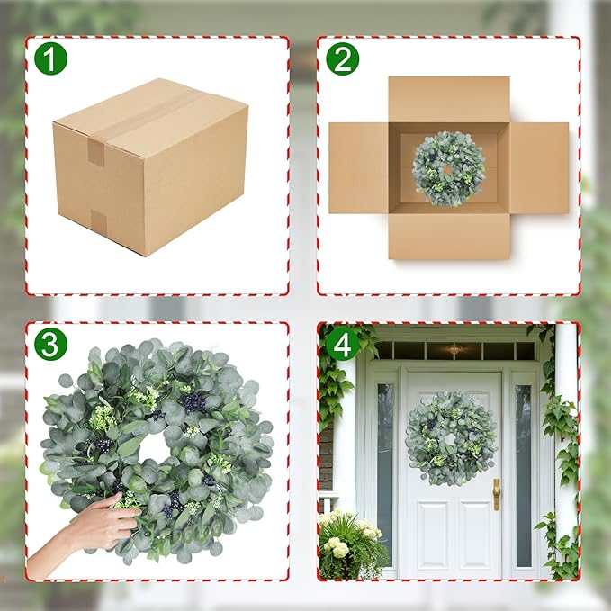 Eucalyptus Wreath for Front Door, 24 Inch boxwood wreath for Front Door Decor, Artificial Spring Summer Wreaths for All Seasons, Large Greenery Outdoor Wreaths for Window,Farmhouse,Holiday Decorations