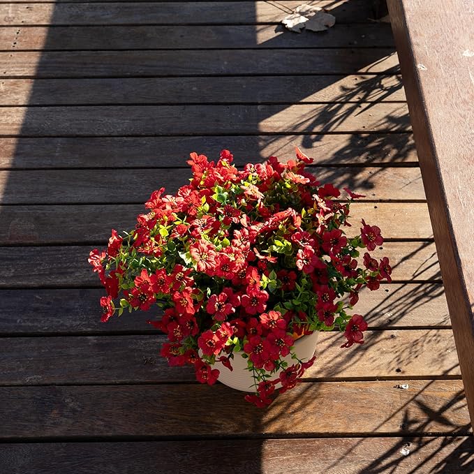 Outdoor Artificial Flowers, 8 Bundles Fake Flowers Autumn Decoration, No Fade Faux Plastic Shrubs for Garden Patio Porch Window Box Fall Decor (Red)