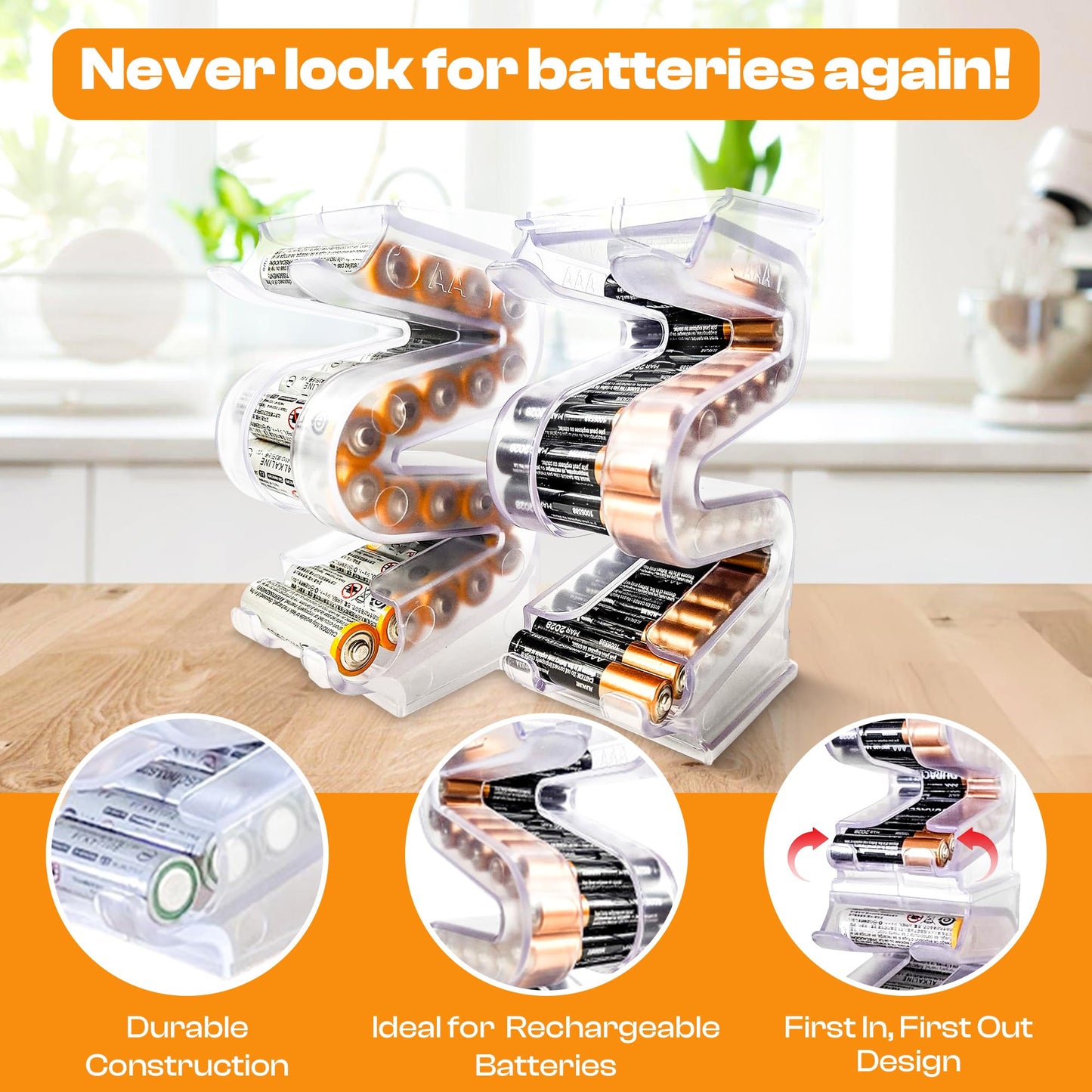 Kalinar Battery Ladder™ for 20 AA & 28 AAA Batteries | Vertical Storage Case & Dispenser | Stackable Expandable Wall Mount Holder Combo (AA & AAA, 2 Pack)