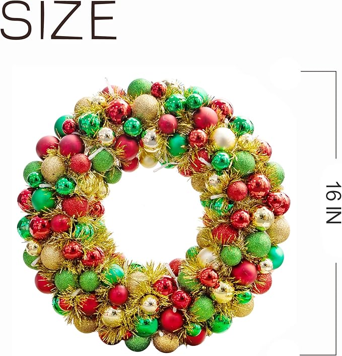 Amooca 16in Christmas Ball Wreath with LED Lights Front Door Window Decorative Hanging Ornaments Table Centerpiece Holiday Party Home Decoration Red Gold Green