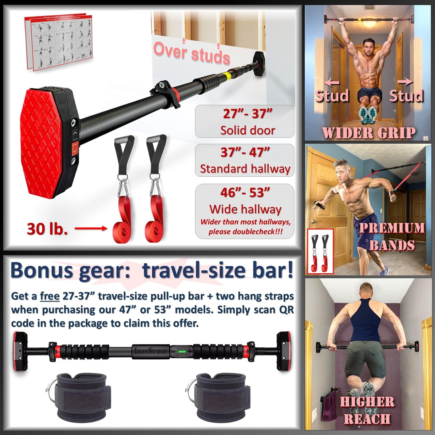 IRONSURGE Pull Up Bar for Doorway 6-piece Set with Two Attachable Resistance Bands, Training Manual, Door frame Chin Up Bar, and Two Angled Supports For Home Gym Workout, No Screws, Max 680lbs,