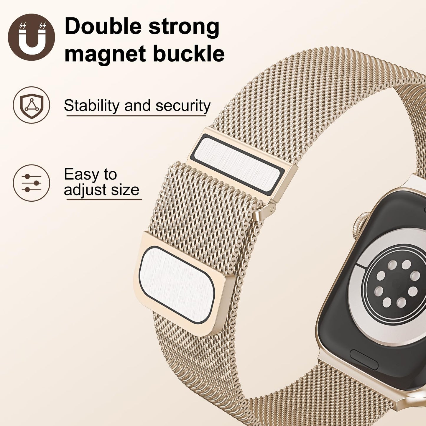 Yoohoo Milanese Loop for Apple Watch Straps 38mm 40mm 41mm 42mm 44mm 45mm 46mm 49mm Women Men,Strong Magnetic Clasp Adjustable Metal Band for iWatch Series 11 10 9 8 7 6 5 4 3 Ultra SE,Champagne Gold