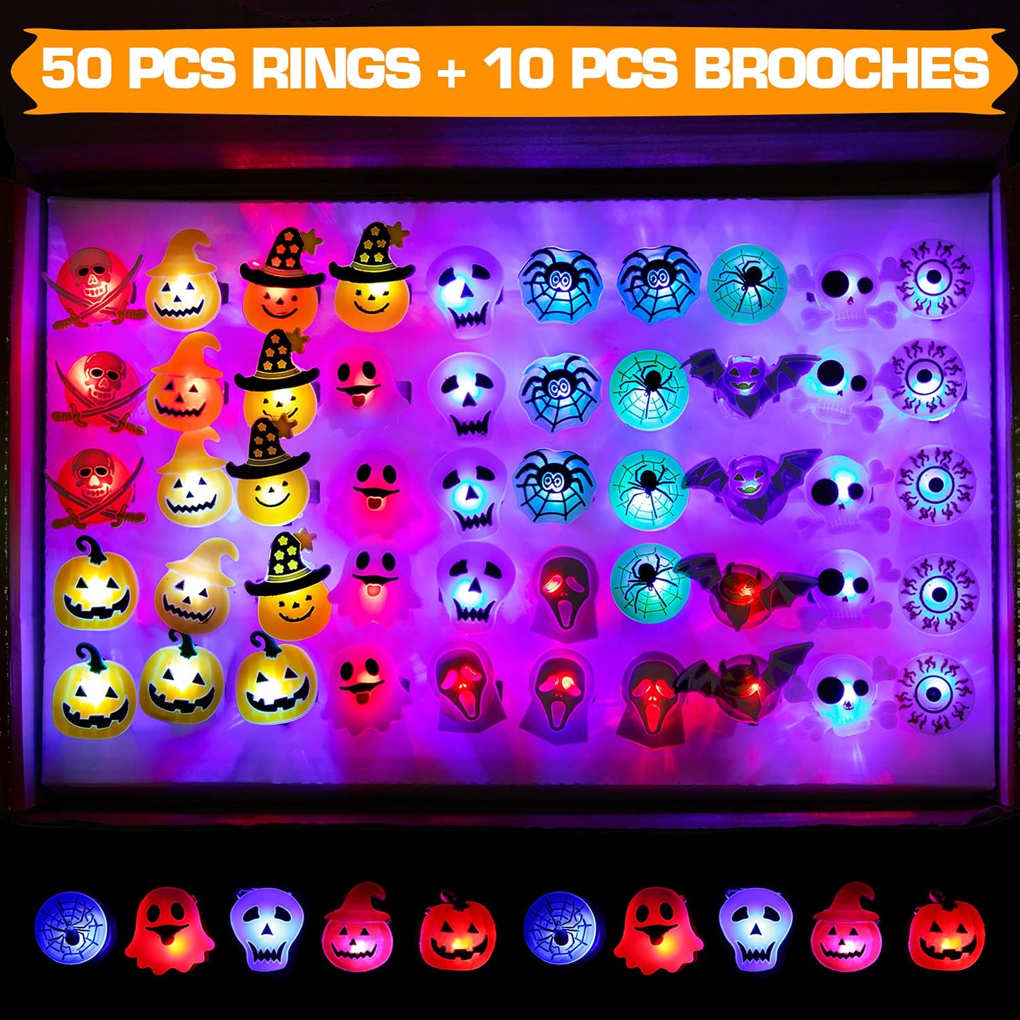 Halloween Party Favors for Kids, 68 PCS LED Flash Rings Light Up Necklaces & Brooches for Party Decorations, Glow in the Dark Halloween Party Supplies Non Candy Halloween Treats Goodie Bag Fillers