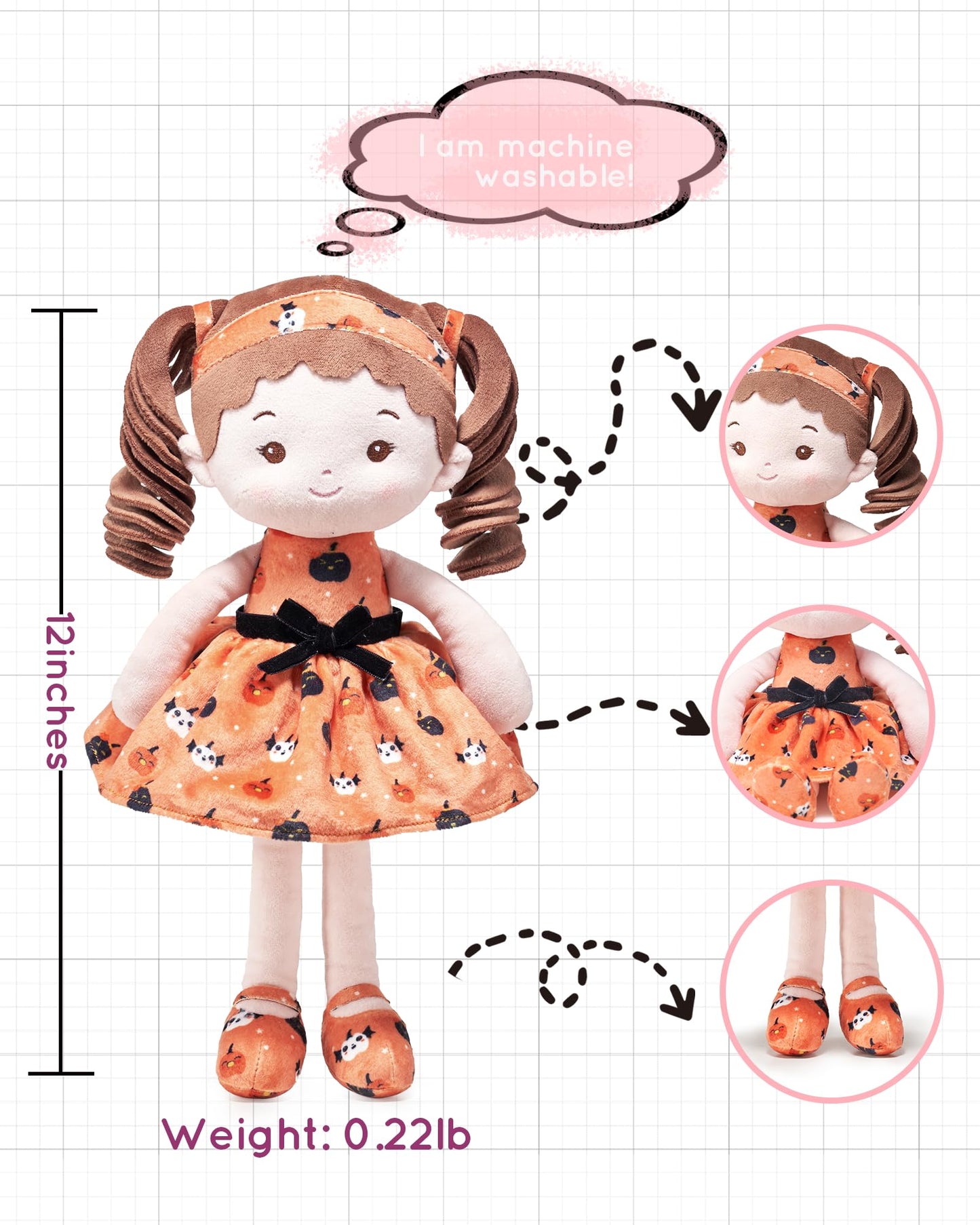LeyaDoll Soft Baby Doll Toys (12''), My First Baby Rag Doll for 1 Year-Old Girl Birthday Gift, Christmas Plush Toys Gift for Toddler Kids Infants-Halloween Special-Pumpkin